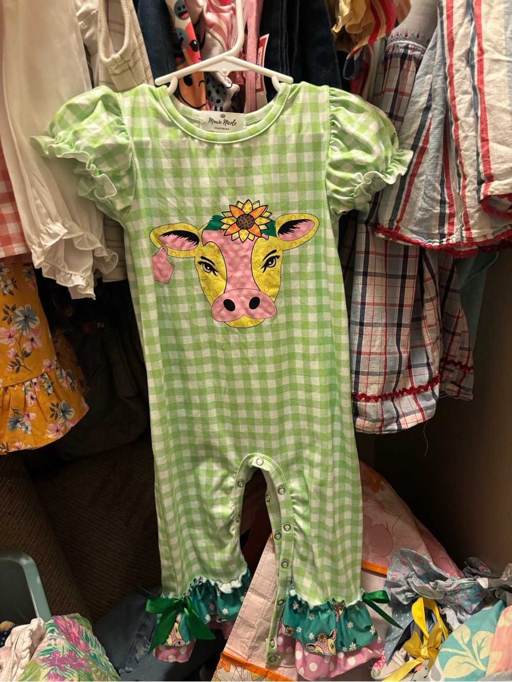Minnie Rose Green Gingham Cow Appliqué Kids One-Piece